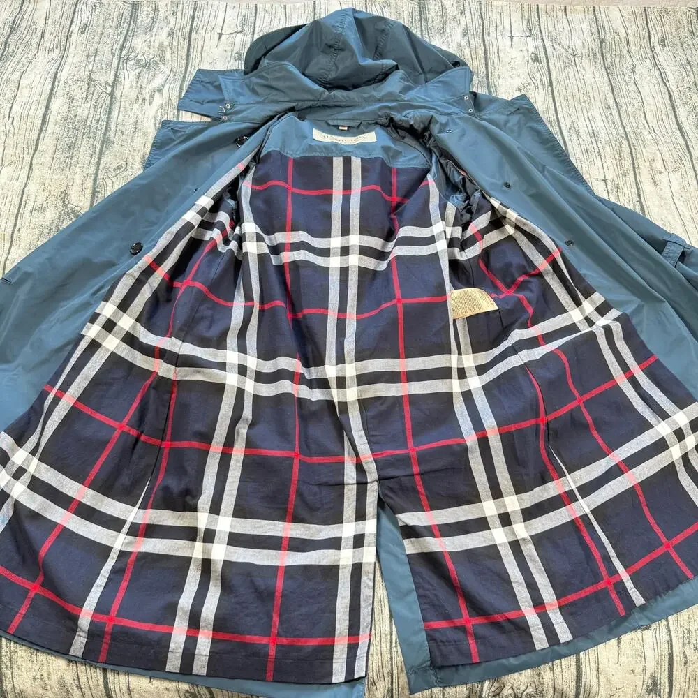 Burberry London Blue Trench Coat Women Hooded Belted Nova Check Lined Size 14 - Picture 4 of 16